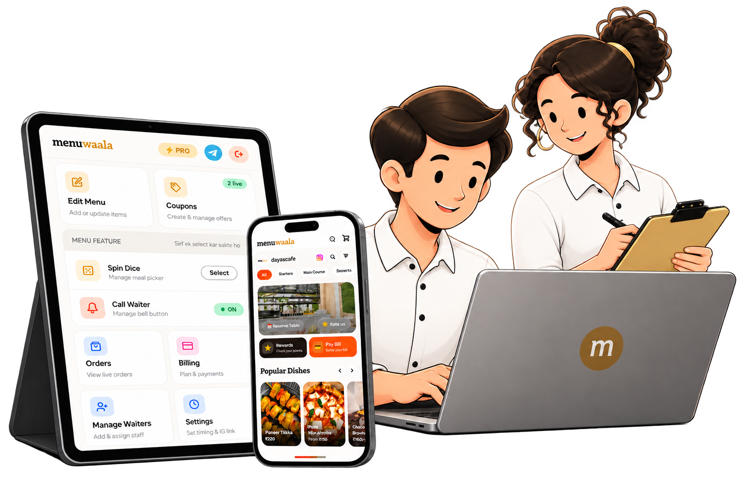 Cafe staff managing orders and menu on Menuwaala